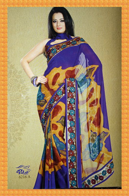 Handprint georgette saree with net on borders.(geox6)