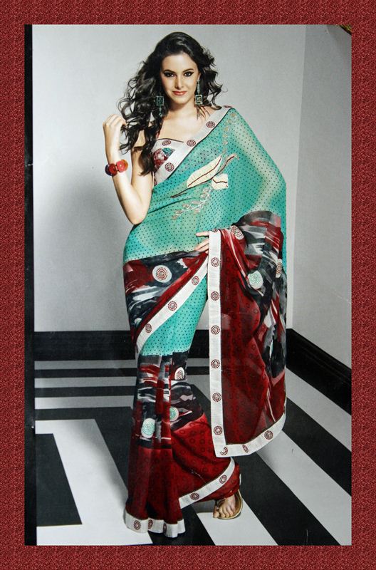 Handprint saree with beautiful petch of flowers in georgette.(geox14)