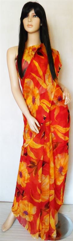 Red Floral Printed Chiffon Saree (17) (MIS0002)