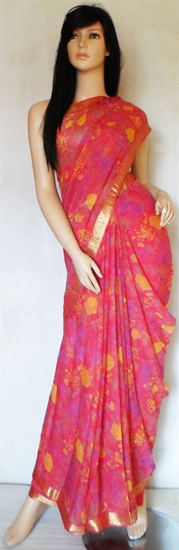 Pink Floral Printed Chiffon Saree (12) (MIS0016)