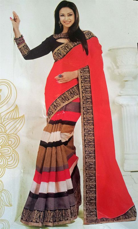 Georjet and  silk saree with extra stripe effects in half half pattern.(n6)