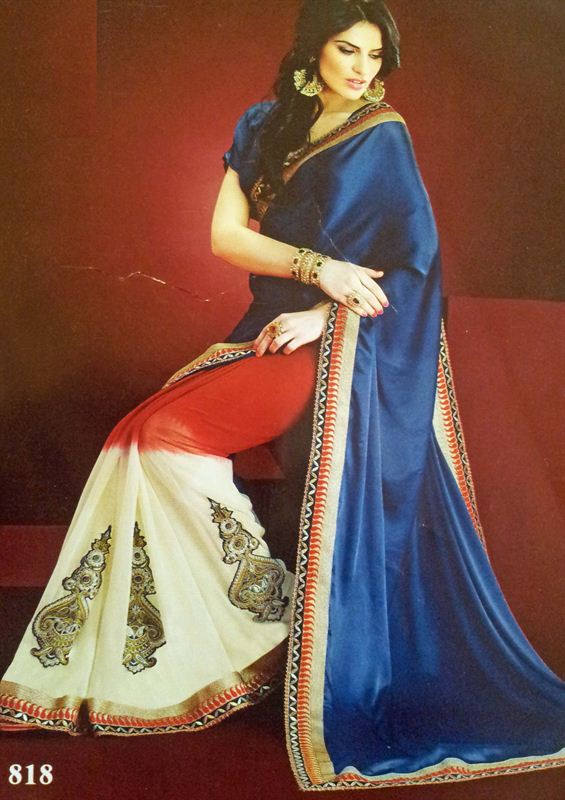 Satan chiffon saree with navy color and few contrast shaded.(n27)
