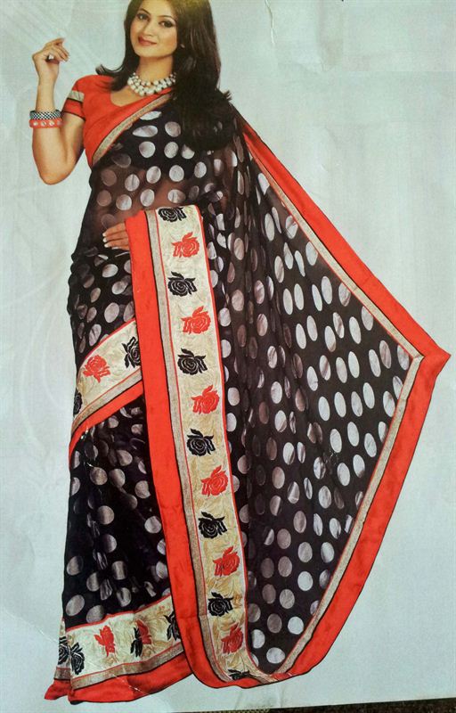 Black saree with polka effects and borders.(n32)