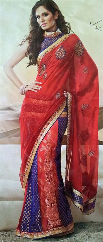 Red brocade georjet saree in new ready panal style.(n49)