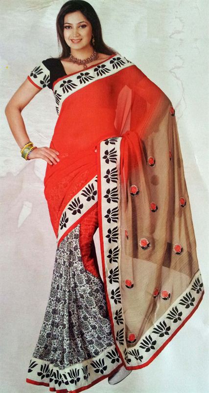Half half style printed georjet saree with floral border.(n62)