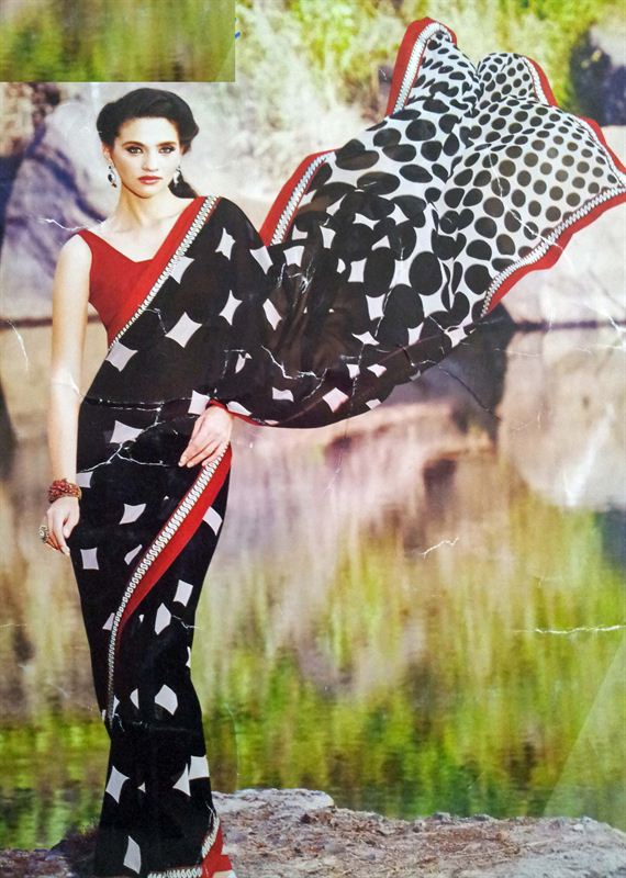 Black georjet print saree with contrast borders for daily wear or small gatherings.(n105)