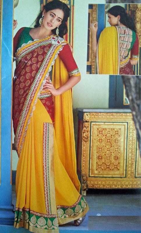 Traditonal saree in red and yellow with awesome materials and features.(n120)