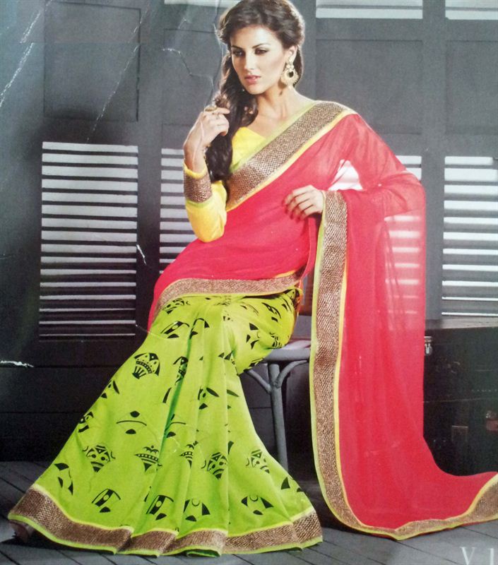 Green and red saree with masawa print in half half style in georjet.(n124)