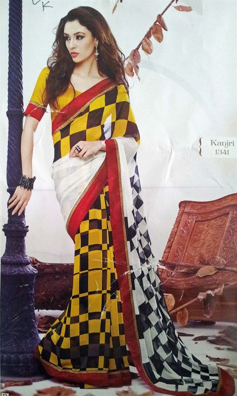 Yellow black printed saree in block stylish print in georjet.(n143)