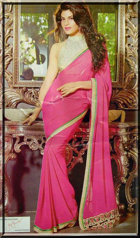 Pink Georjet saree with cut style border in pallu.(caln31)
