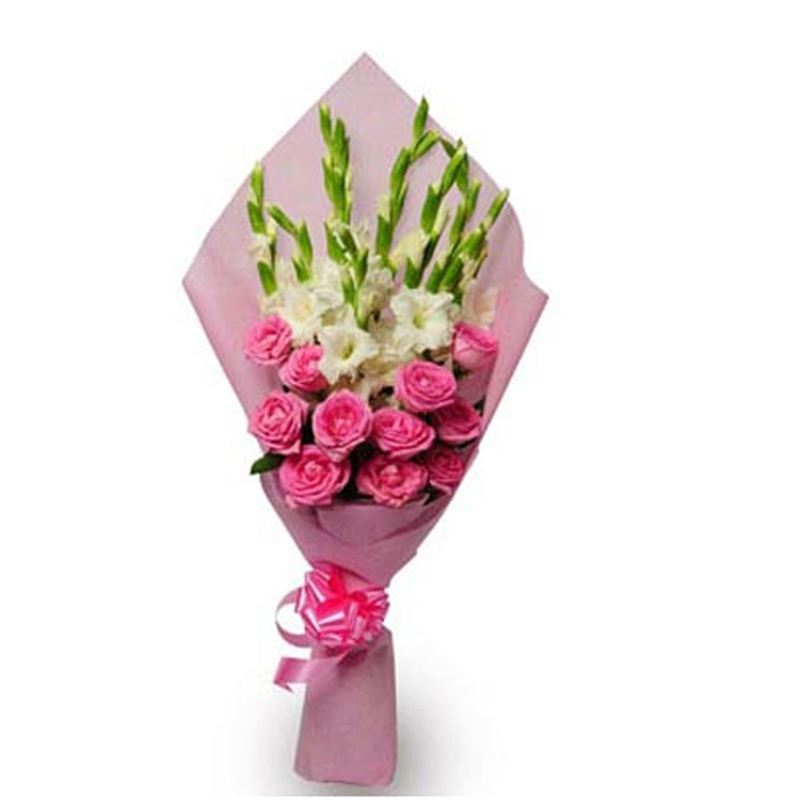 11 Pink Roses and 8 Gladulus by FNP Flowers