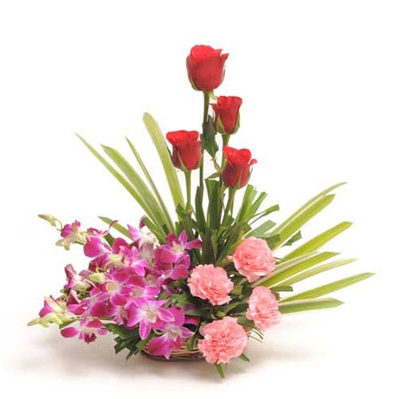 4 Pink Carnations 4 Roses and 4 Orchid in Basket by FNP Flowers