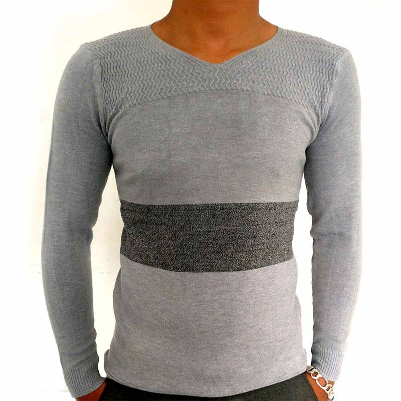Heather Grey Men’s Block Striped Fitted  Jumper 
