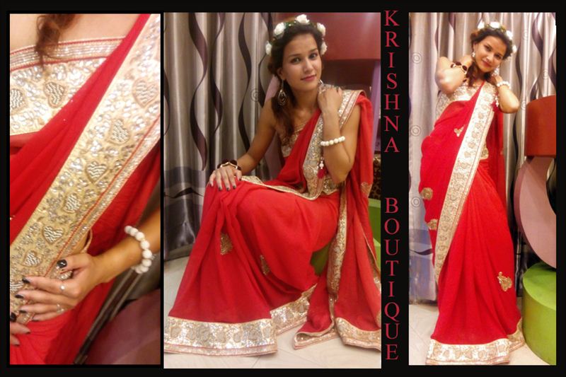 pure red georjet saree with good finishing and intrication.(red02)