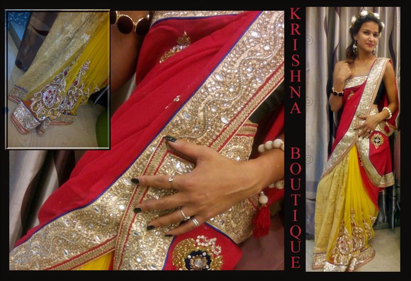 Half half red yellow georjet and net combi with very high intrication saree.(red03)
