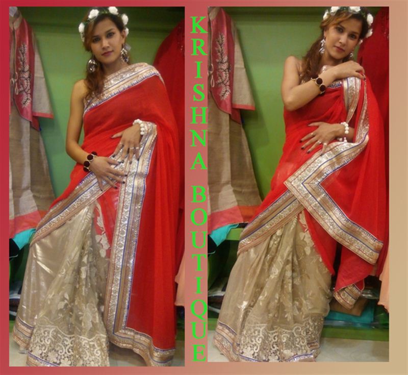 Half half red choco color saree in georjet net with computerize work.(red06)