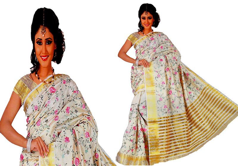 Hiba Machine Weaved Cotton Mixed Saree With Thread Embroidery Work And Blouse Piece (16SU107)