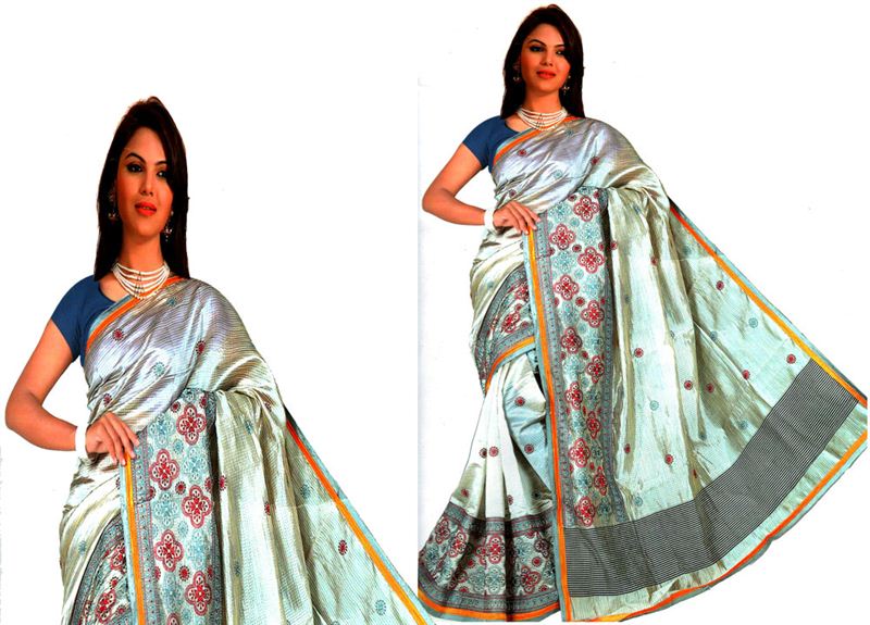 Checked Printed Cotton Mix Saree With Thread Embroidery Work (16SU110)