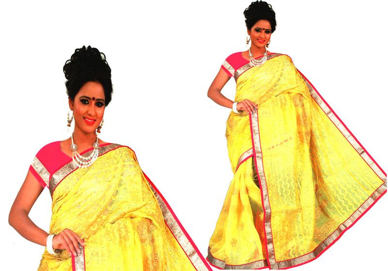 Lakhanvu Cotton Saree With Thread & Swarovski Work And Golden Border And Matching Blouse Piece (16SU132)