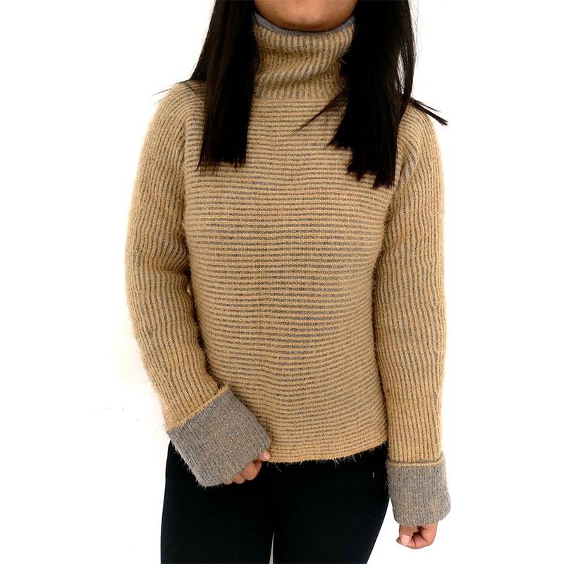 Turtleneck Fuzzy Striped Women’s Sweater 