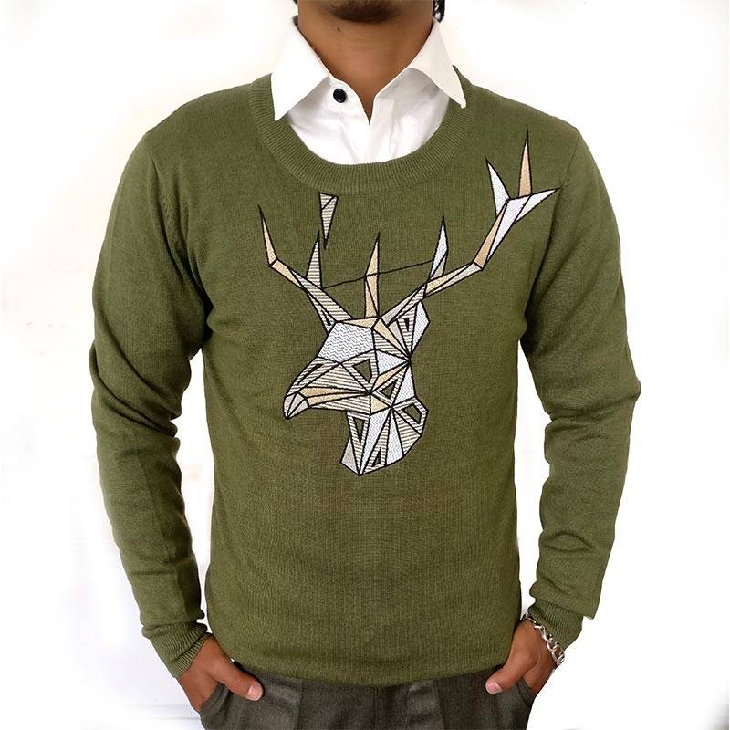 Army Green Men’s Sweater with Deer Design