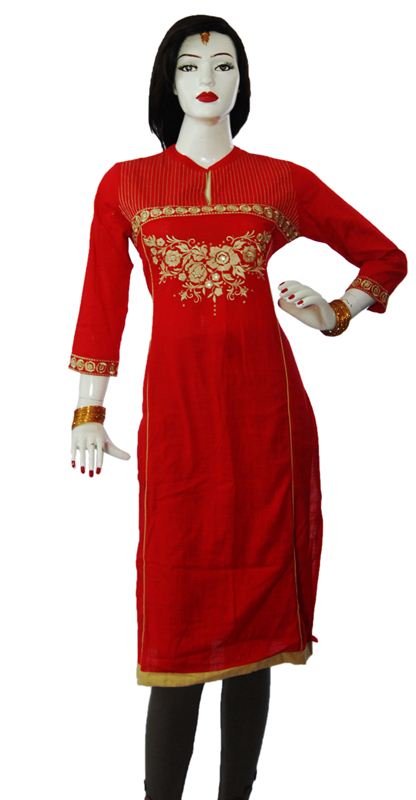Red Embroidery cotton Kurti-40