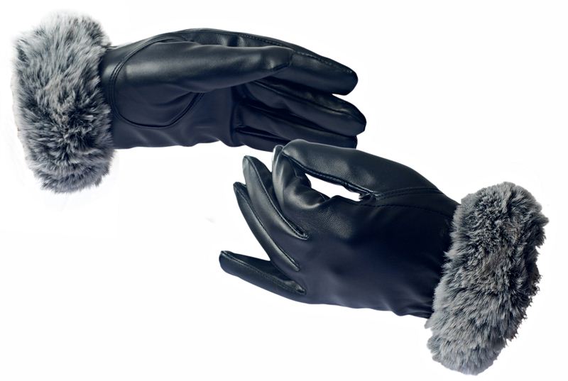 Womens Leather Rabbit Fur Lined Winter Warm Gloves