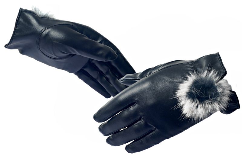 Winter Warm PU Leather Rabbit Fur Balls Female Gloves