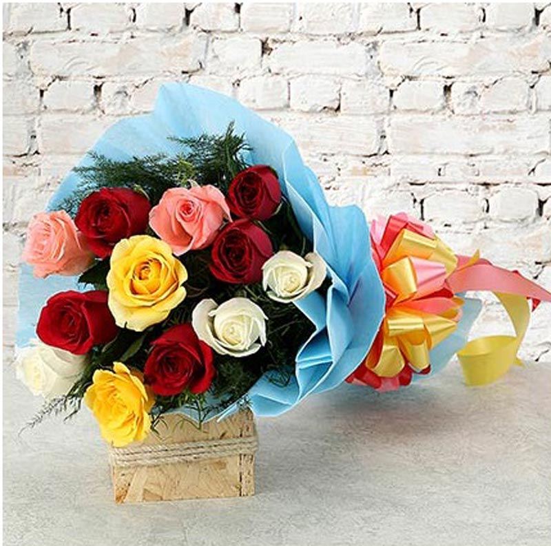 11 Mix Roses with Blue Non Woven Paper Packing by FNP