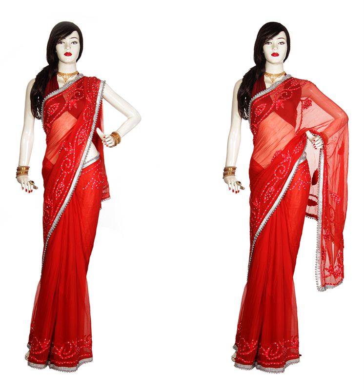 Red Chiffon Saree With Silver Gota Lace