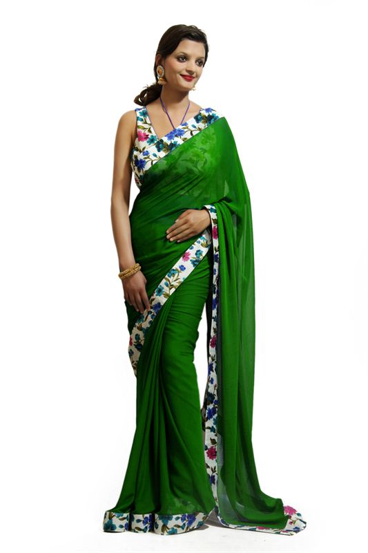 Floral border chiffon saree(Green)