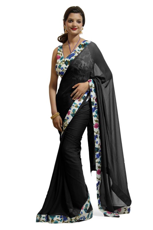 Floral border chiffon saree(Black)