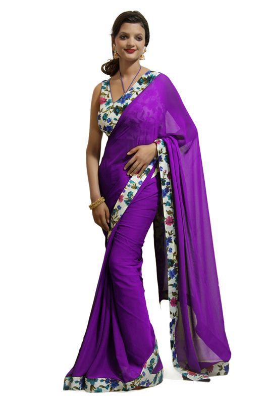 Floral border chiffon saree(Purple)