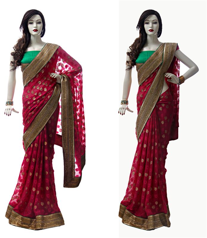 Pink Georgette Sari With Green Raw Silk Blouse Piece