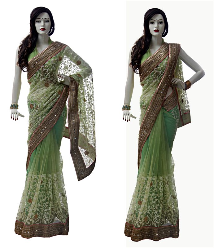 Parrot Green Net Thread Work Sari With Mirror Work Border & Matching Blouse Piece