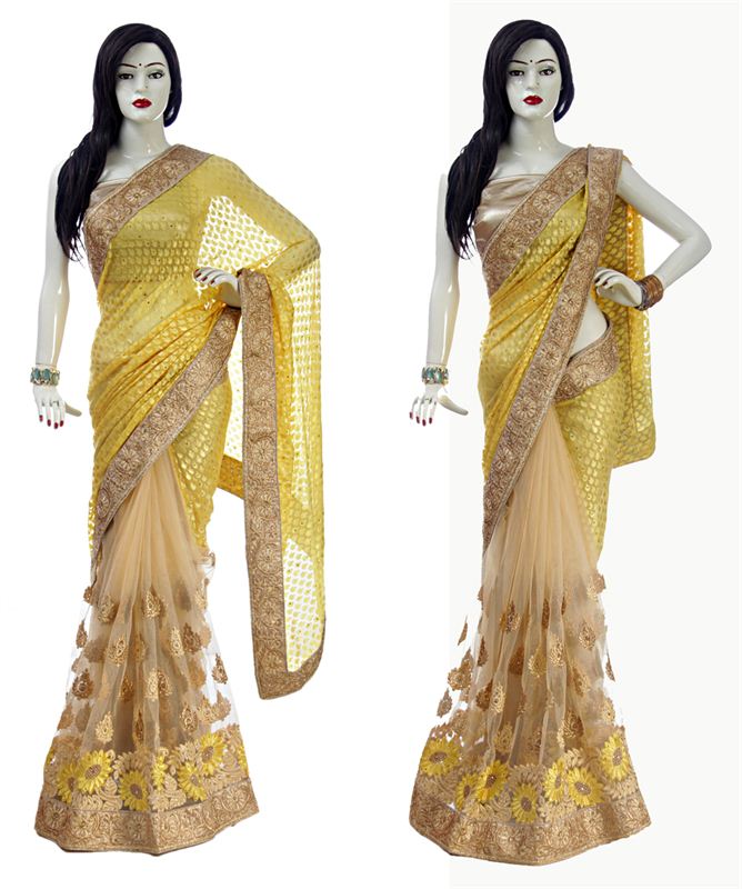 Golden Net Sari With Yellow Shiny Georgette Pallu & Golden Brocade Blouse Piece.