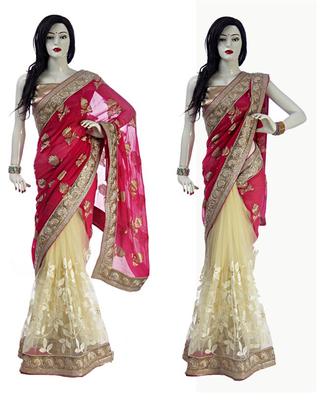 Off-White Net Sari With Pink Georgette Pallu & Cupper Gold Brocade Blouse Piece.