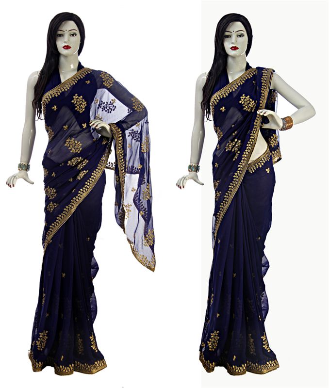 Navy Blue Georgette Sari With Golden Jari Work & Matching Blouse Piece