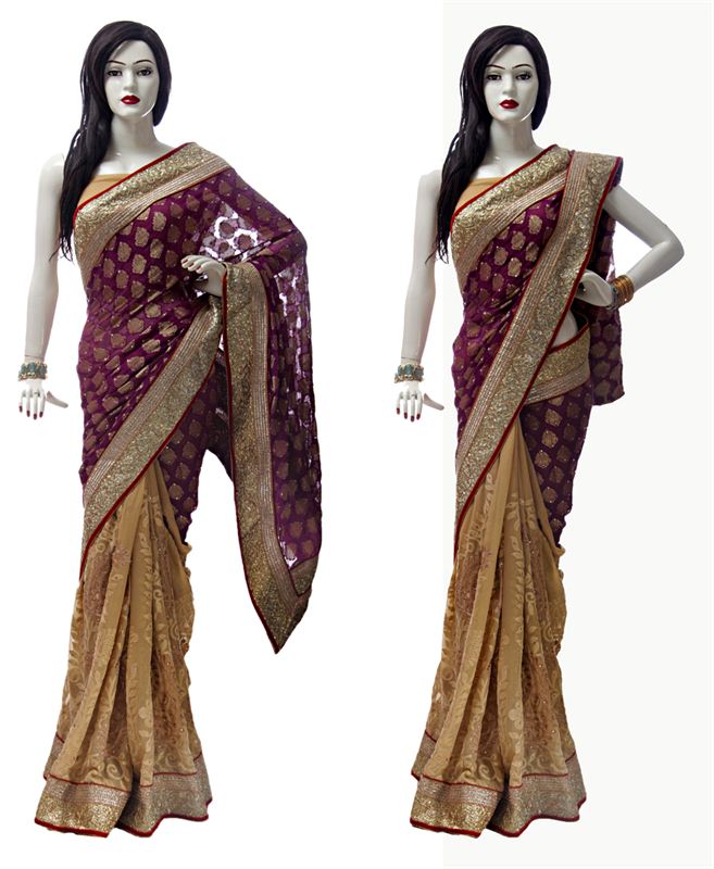 Purple & Golden Georgette Sari With Matching Blouse Piece