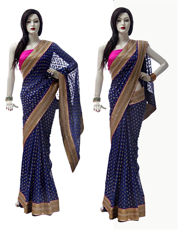 Royal Blue Georgette Sari With Pink Raw Silk Blouse Piece