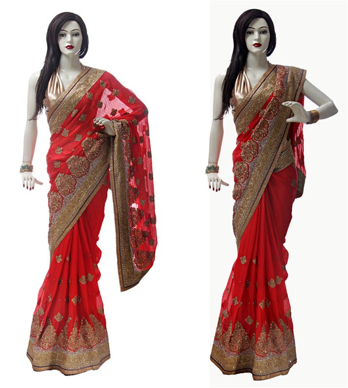 Red Georgette Sari With Jari Work & Golden Brocade Blouse Piece