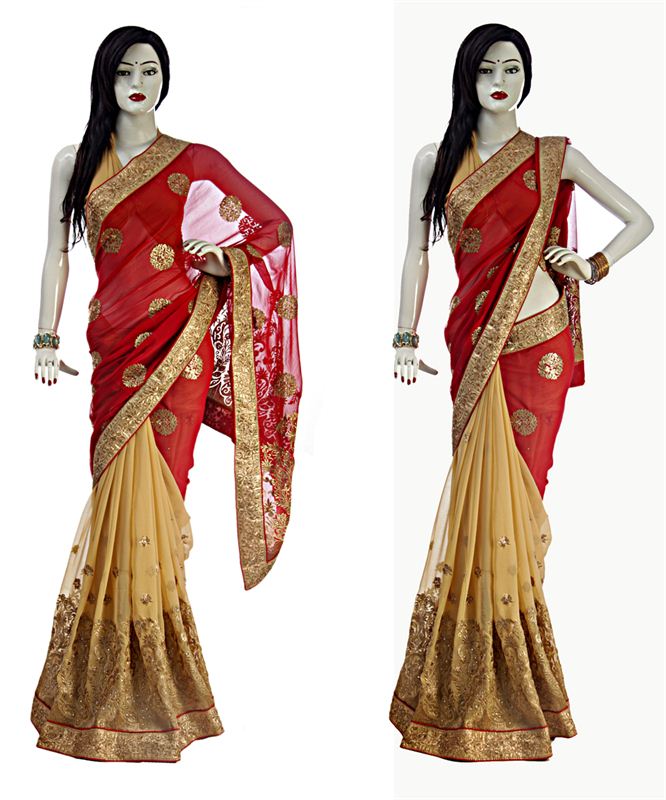 Golden Georgette Sari With Red Pallu & Golden Blouse Piece