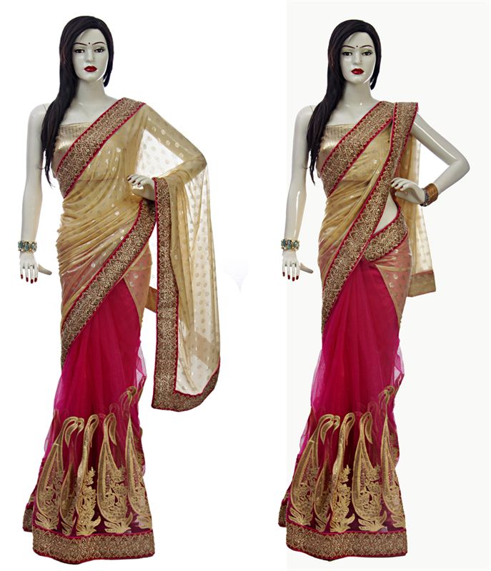 Pink Net Sari With Golden Lycra Pallu & Golden Brocade Blouse Piece