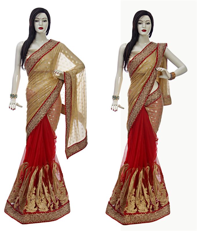 Red Net Sari With Golden Lycra Pallu & Golden Brocade Blouse Piece