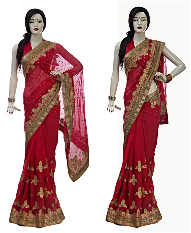 Pink Chiffon Heavy Embroidery Saree With Raw Silk Blouse Piece