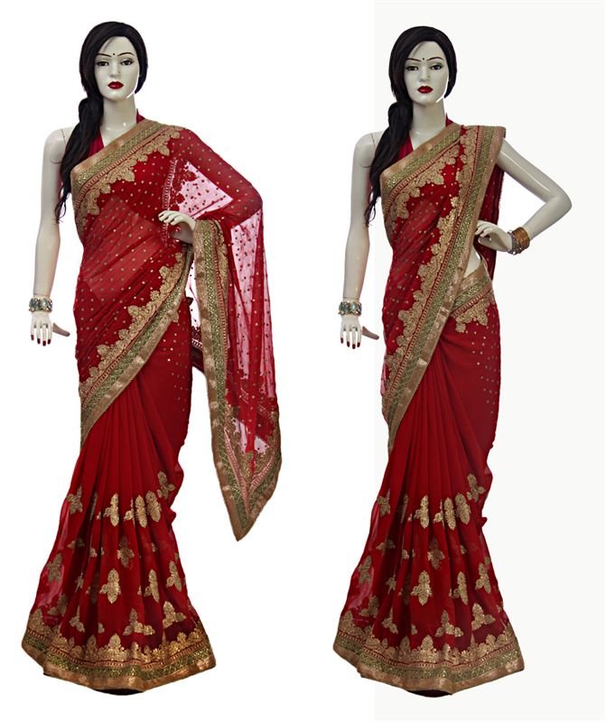 Red Chiffon Heavy Embroidery Saree With Raw Silk Blouse Piece