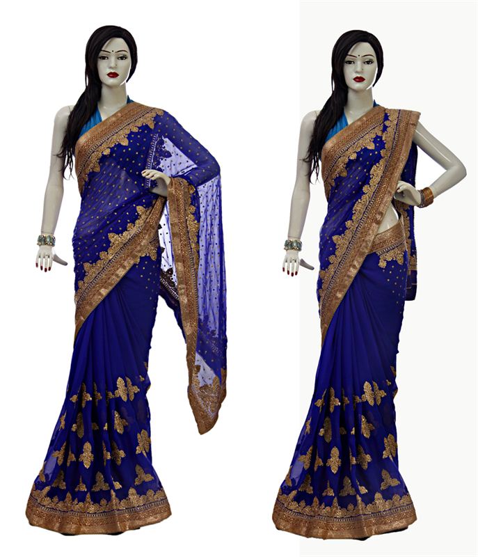 Royal Blue Chiffon Heavy Embroidery Saree With Raw Silk Blouse Piece