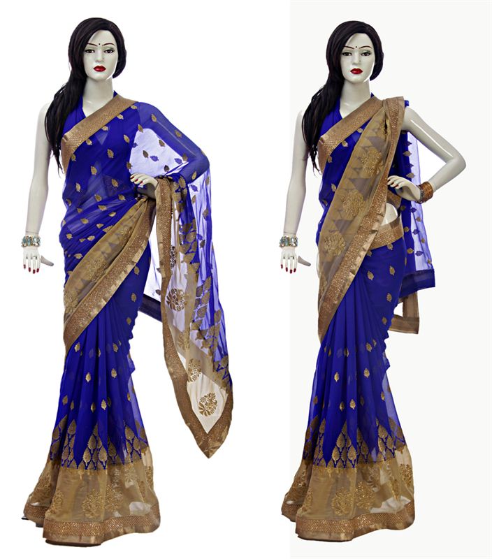Royal Blue Chiffon Sari With Golden Jari Work & Matching Blouse Piece