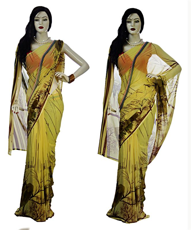 Yellow Printed Georgette Saree