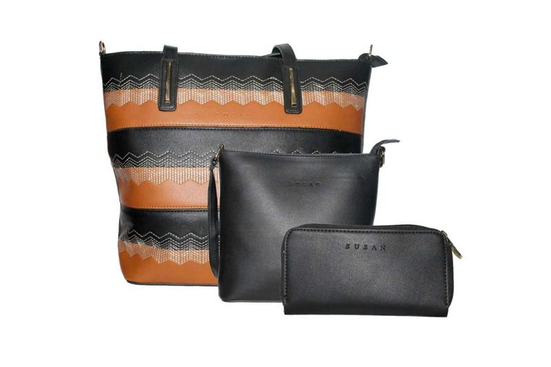 Faux Leather Handbags (Set of 3)- Black and Cinnamon